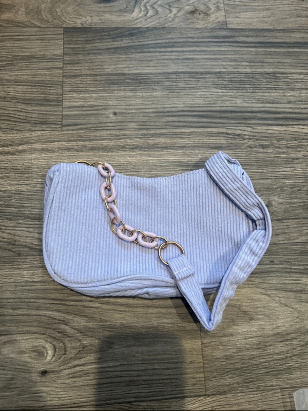 Lilac Corduroy Shoulder Bag with Pink Chain Accent
